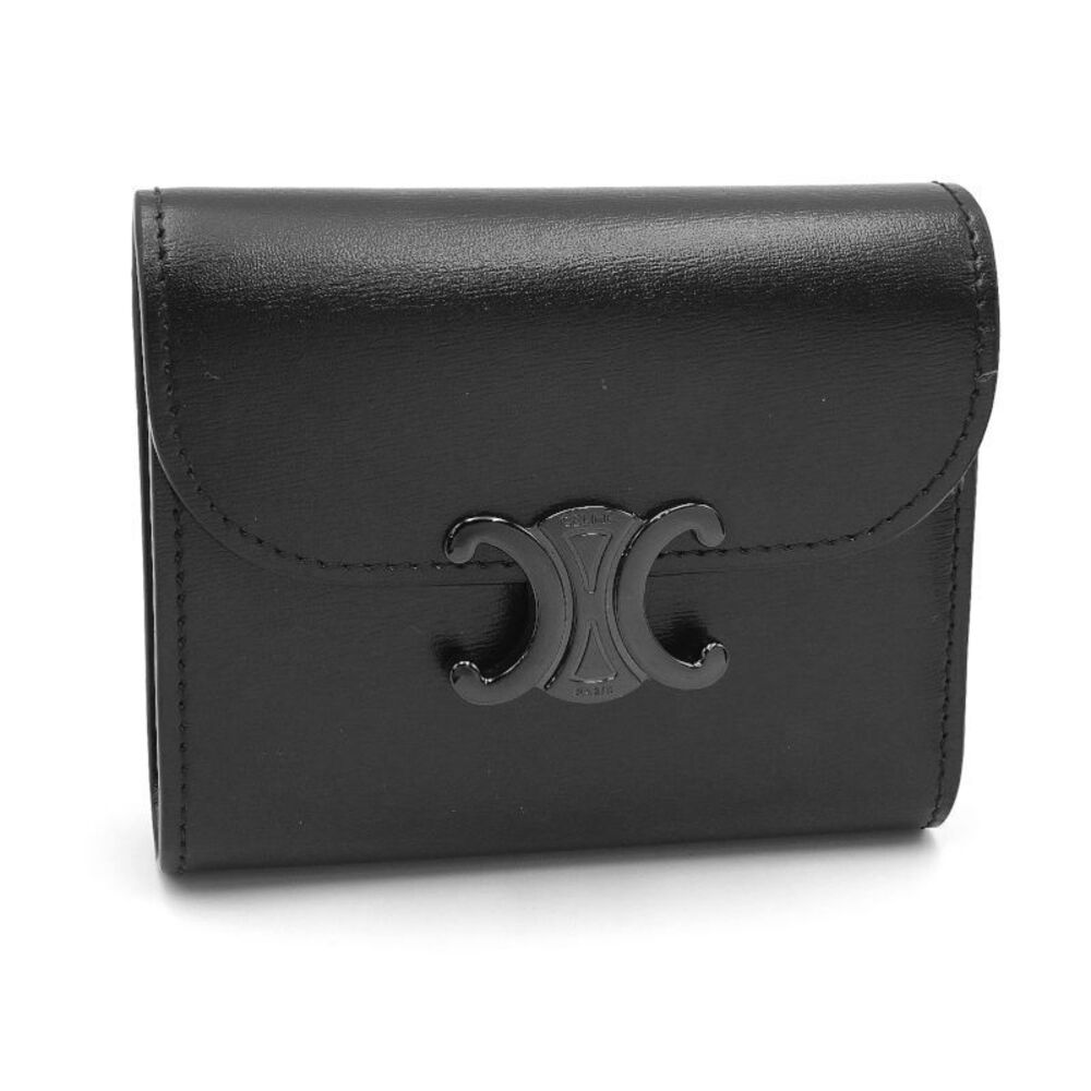 Celine Flap Wallet Triomphe Shiny Calfskin Trifold Black
